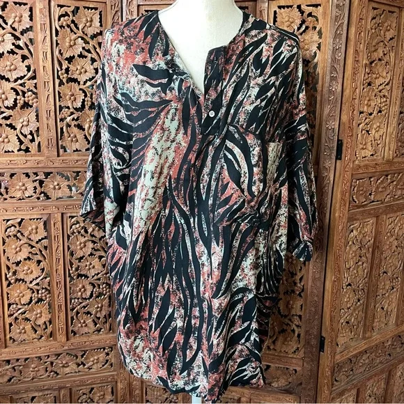 Vintage Abstract Zebra Print Button Front Kaftan Blouse Beach Cover Up - Picture 3 of 10
